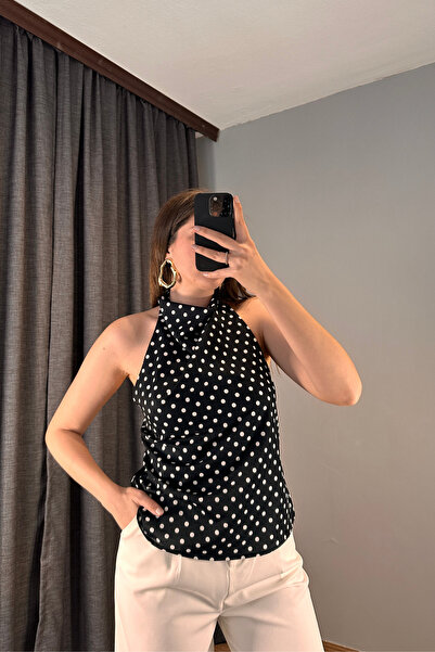 Sorridi Polka Dot Li Boyundan Tie-Detail Backless Design Blouse