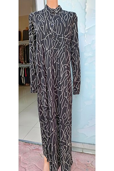 Butik Kadın Desenli Rahat Şık Düğmeli Tesettür Penye Anne Elbisesi