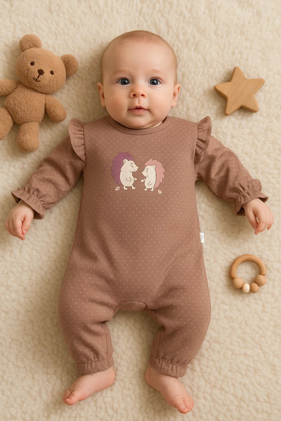 miyrem Hedgehog Embroidered 100% Cotton Baby Girl Jumpsuit