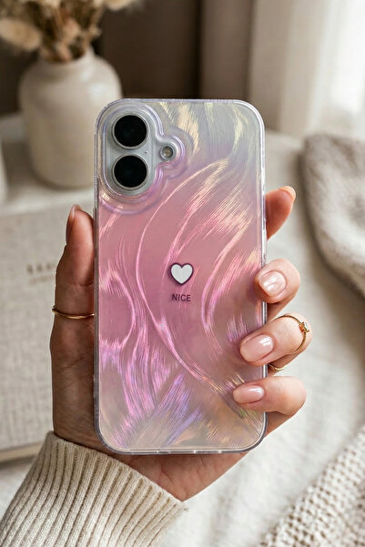 KVK PRİVACY iPhone 16 Uyumlu Pembe Tüylü Dalga Desenli Küçük Kalp Tasarımlı D...