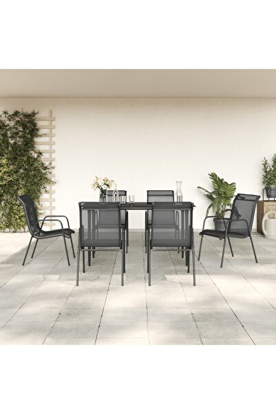 Concept Σετ επίπλων κήπου, 7 τεμάχια, μαύρο, ατσάλι και υφασμάτινο