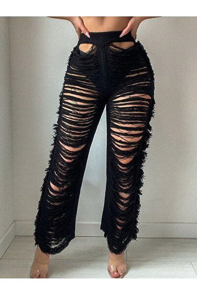 Novapia Kadın Yırtık Detaylı Pantolon Yüksek Bel Bol Paça Transparan Görünüml...