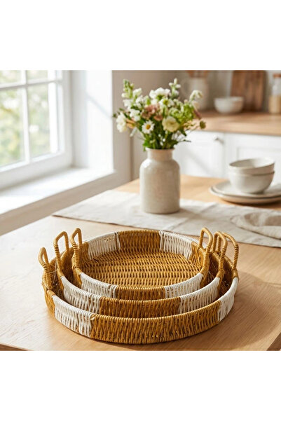 shopwave Interlocking Set of 3 Round Plastic Rattan Trays – Multi-Purpose Ser...