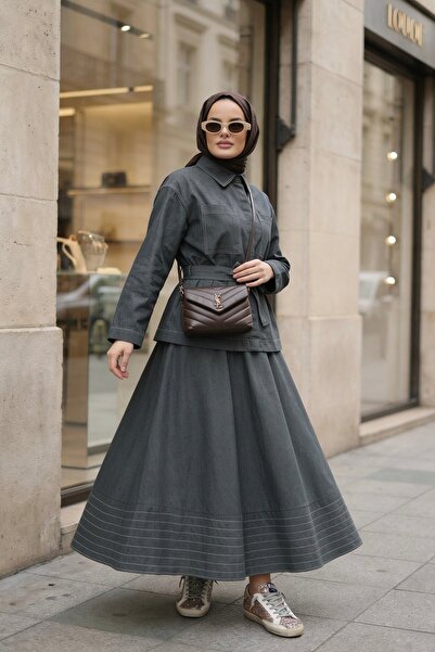 Aselim Hijap Moda Viera Tensel Denim Look Skirt Suit Green