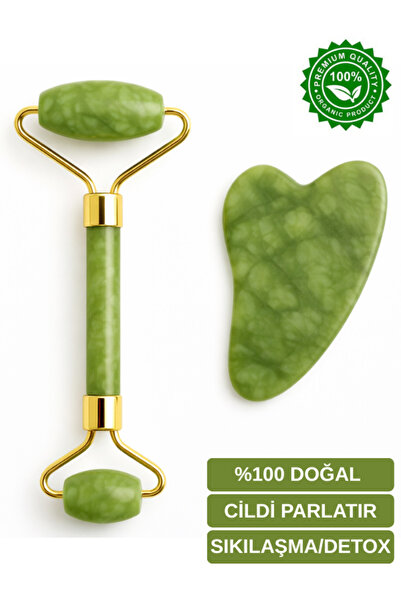 SheMask Yeşim Taşı %100 Doğal Roller ve Kalp Gua Sha Yüz Masaj Aleti Cilt Sık...