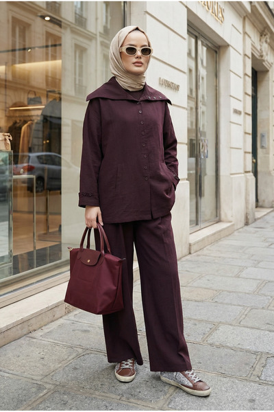 Aselim Hijap Moda Massimo Model Kupra Fabric Buttoned Shirt-Jacket Palazzo Pa...