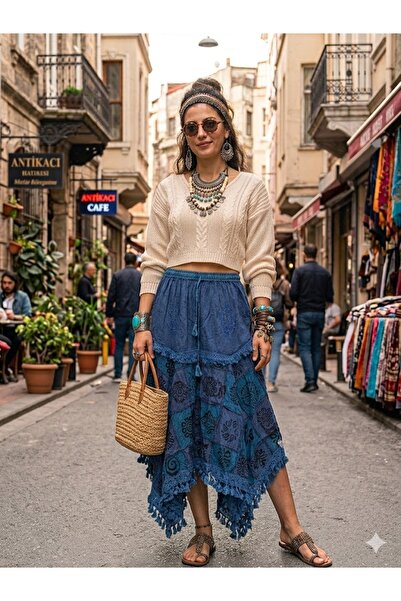 AYASOFYA OTANTIK Women's Indian Ethnic Patterned 100% Cotton Asymmetrical Skirt