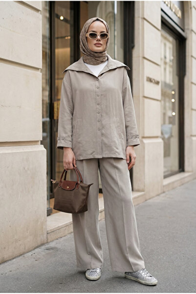 Aselim Hijap Moda Massimo Model Kupra Fabric Buttoned Shirt-Jacket Palazzo Pa...