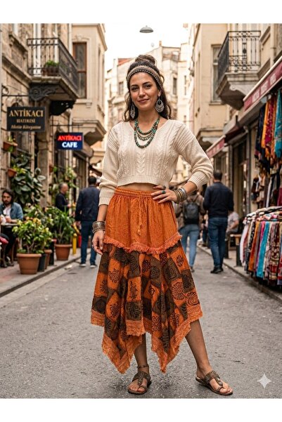 AYASOFYA OTANTIK Women's Indian Ethnic Patterned 100% Cotton Asymmetrical Skirt