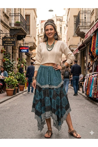 AYASOFYA OTANTIK Women's Indian Ethnic Patterned 100% Cotton Asymmetrical Skirt