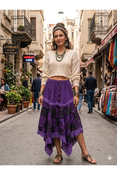 AYASOFYA OTANTIK Women's Indian Ethnic Patterned 100% Cotton Asymmetrical Skirt