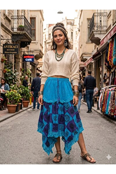 AYASOFYA OTANTIK Women's Indian Ethnic Patterned 100% Cotton Asymmetrical Skirt