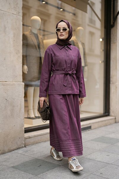 Aselim Hijap Moda Viera Tensel Denim Look Skirt Suit Burgundy