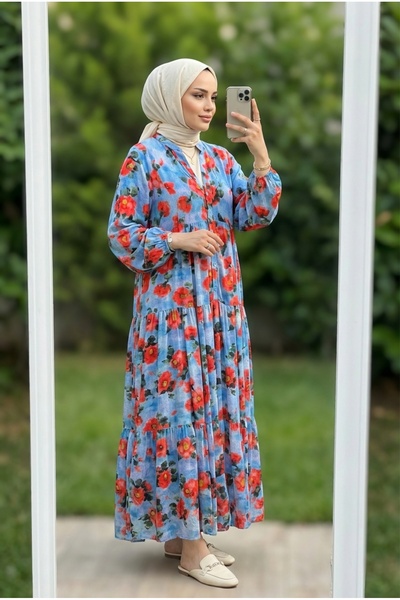 Kirazca Butik Women's Patterned Layer Long Hijab Dress with Dominant Collar, ...