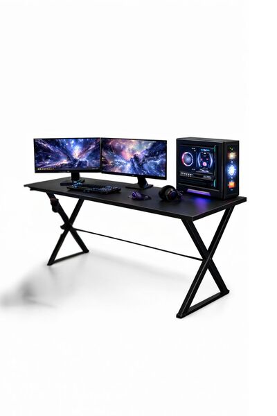 TSUMAB مكتب ألعاب – مكتب كمبيوتر أسود بإطار فولاذي على شكل حرف Z، محطة عمل كب...