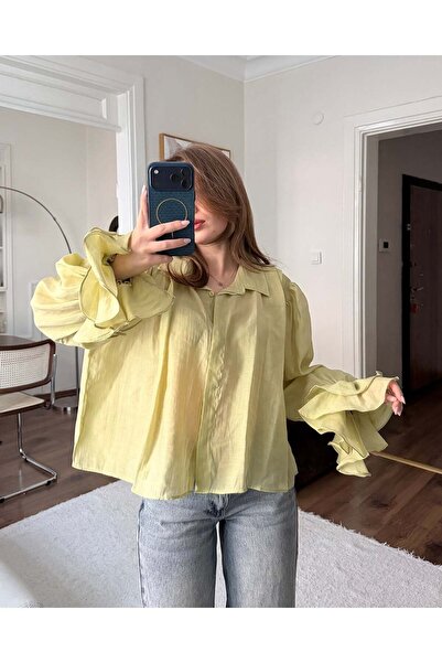 FERZOLAİO Ruffle Sleeve Khaki Chiffon Shirt