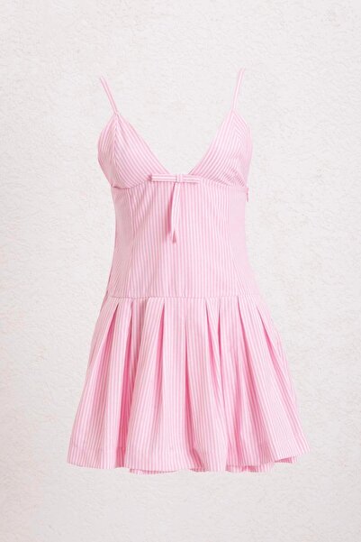 BSL Fiyonk Detaylı Çizgili Askılı Mini Elbise