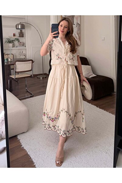 FERZOLAİO Embroidery Detailed Bohemian Beige Skirt Set