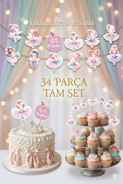 abjad 32 Parça Sevimli Balerin Dev Set Doğum Günü Süsü Banner Pasta Kürdanı C...