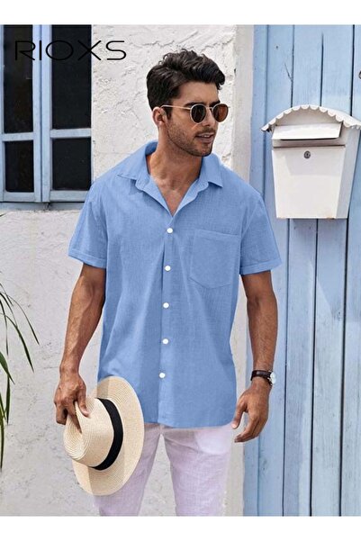 RIOXS Men's Short Sleeve Button-Down Shirts, Sommer Breathable V-Neck Shirts ...