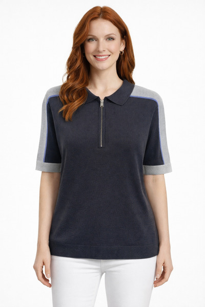 Neden Tekstil Men's Color Block Knitwear Sweater with Polo Collar and Half Zi...