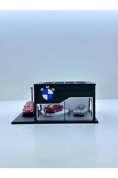 Butik 3D Baskı 1/64 Ölçekli BMW Showroom Tasarımlı Siyah Diorama Araç Sergileme Garajı