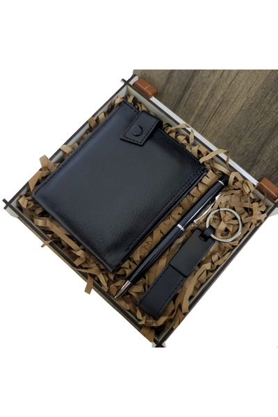 Black Color 3-Piece Gift Set with Wooden Leather Box - Pen, Wallet, Key