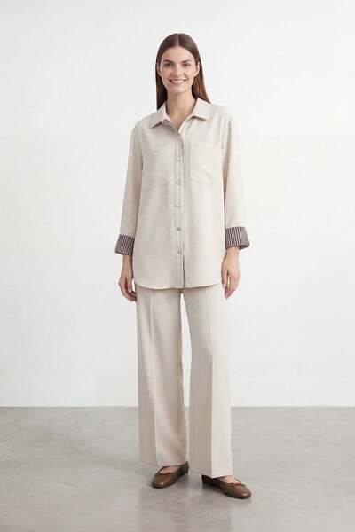 Puane Women's Shirt Collar Garni Detailed Tunic Trouser Set – 14464Tks - Stone