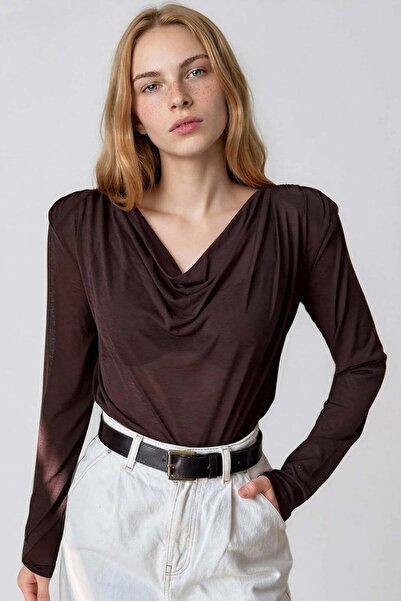 Trend Alaçatı Stili Women's Brown Degaje Collar Padded Shoulders Sheer Knitte...