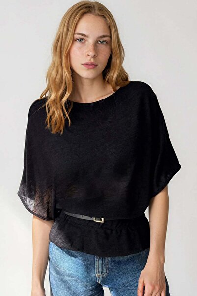 Trend Alaçatı Stili Women's Black Boat Neck Belt Detail Knitted Blouse Alc-X1...