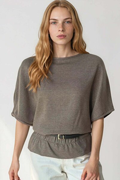 Trend Alaçatı Stili Women's brown boat neck Belt Detail knitted blouse alc-x1...