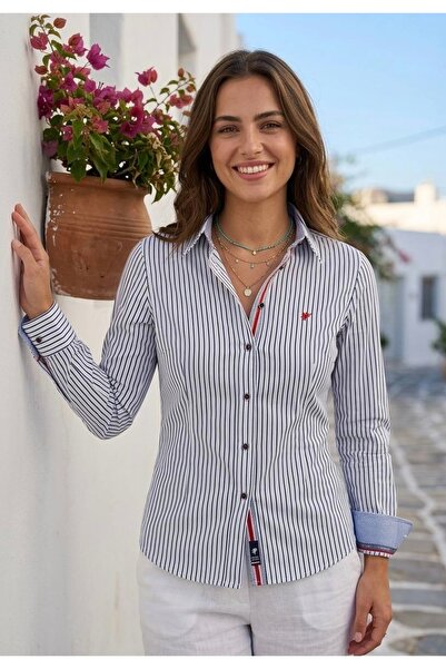 YusGos Cămașă modernă pentru femei cu manșete și guler, cu secțiuni cu dungi ...