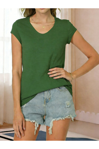 Take Two By Styli Dark Green Solid Cap Sleeve T-Shirt