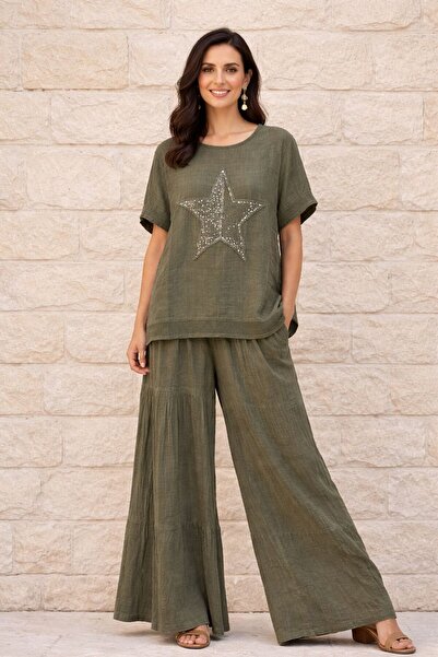 AGORATEKSTİL Women's 100% Linen Fabric Star Patterned Sequin Blouse and Wide-...