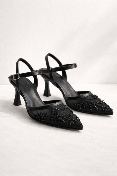 Parıltı حذاء سهرة نسائي من PARLA باللون الأسود اللؤلؤي T شفاف T تول بمقدمة مد...