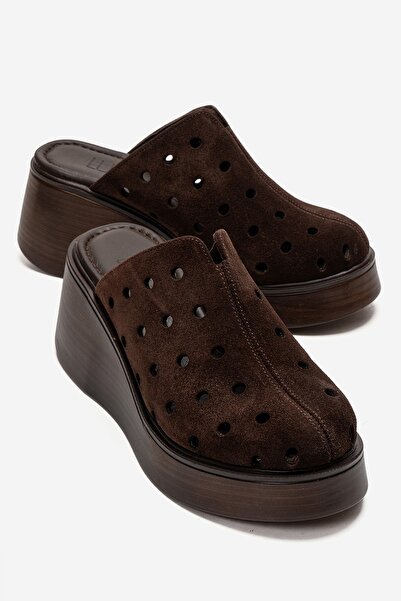 LuviShoes Nives Brown Suede Genuine Leather Perforated Women's Shoes Wedge He...