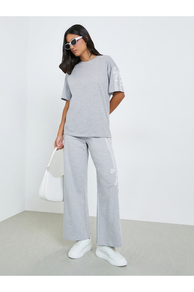 Styli Grey Oversized T-Shirt with Lace Number Detail