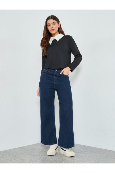 Take Two By Styli Black Long Sleeve Top with Contrast Collar