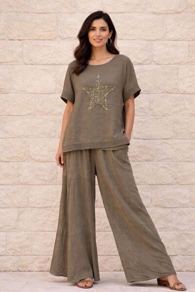 AGORATEKSTİL Women's 100% Linen Fabric Star Patterned Sequin Blouse and Wide-...