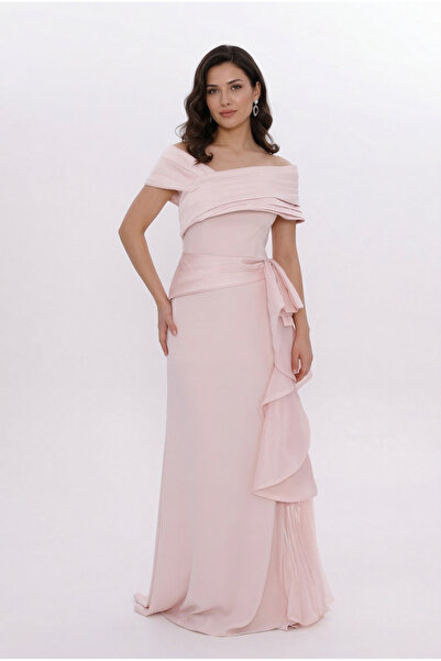 BDM Exclusive Drapeli Kuşak Detaylı Uzun Krep Abiye Elbise