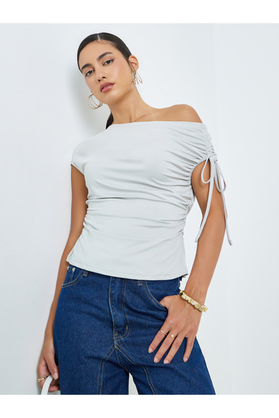 Styli Grey Asymmetrical Shoulder Drawstring Knit Top