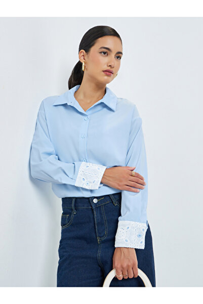 Styli Blue Shirt with Lace Embellished Cuffs