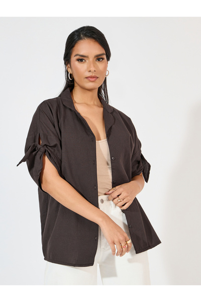 Styli Brown Cotton Blend Tie-Sleeve Shirt