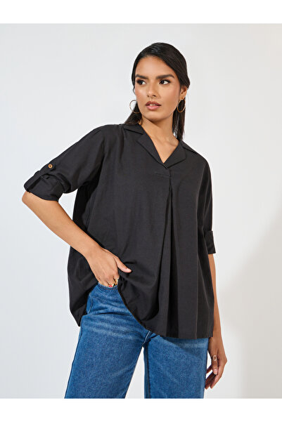 Styli Black Relaxed Fit Cotton Blend Shirt