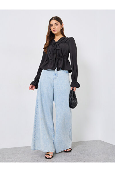 Take Two By Styli Black Tie-Neck Peplum Top