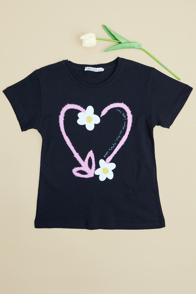 Fulla Moda Καρδιά και Λουλούδι με τύπωμα Κοριτσίστικο Μπλουζάκι