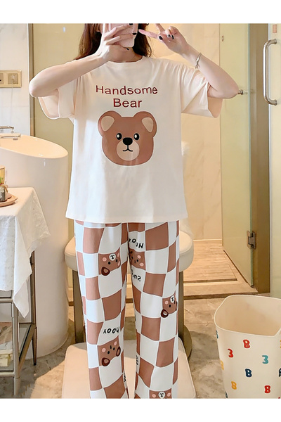 Take Two By Styli Plus Size Bear Print T-Shirt and Pyjama Set