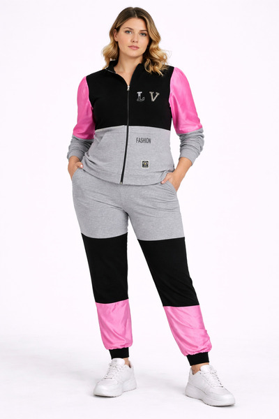Şans Women's Plus Size Grey-Pink, Satin and Stone Detailed Pocketed Tracksuit...