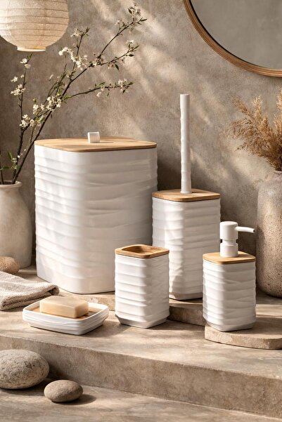 Okyanus Home طقم حمام لونا وايت بامبو ديتيليد 7LT مكون من 5 قطع