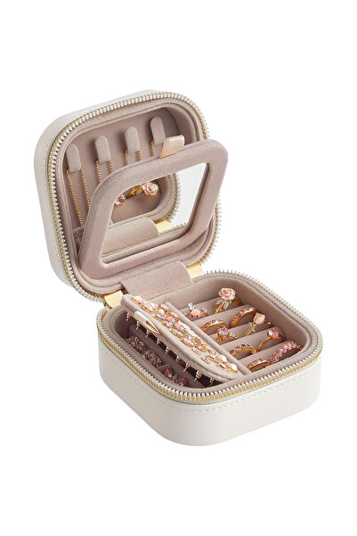 SONGMICS Compact Jewelry Box with Mirror and Zipper, 11x11x6cm, White